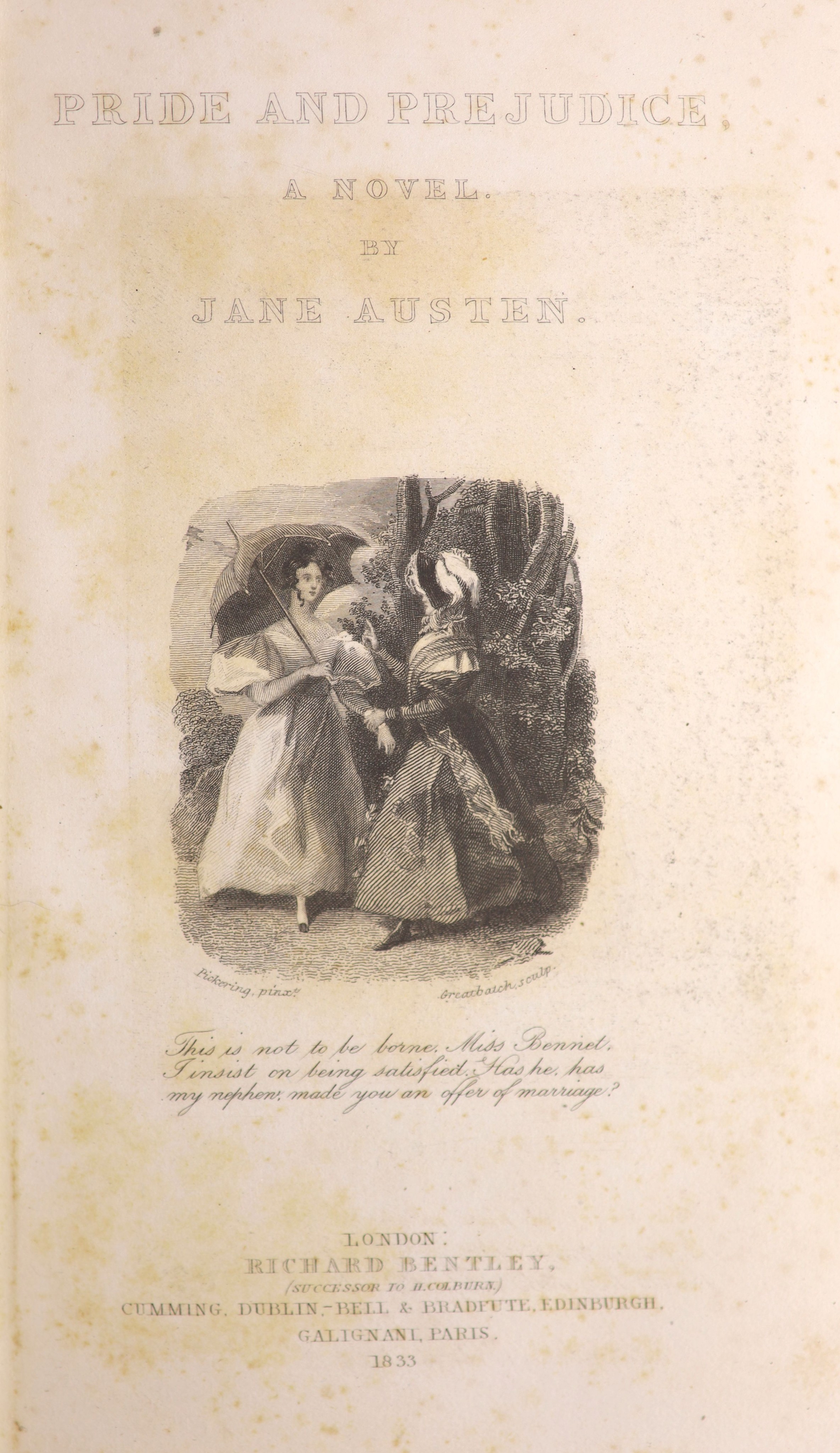 Austen, Jane - (Collected Novels), 5 vols, 1st editions of Bentley’s Standard Novels Edition, pictorial engraved and printed title and frontispiece to each volume, mid/later 19th calf and marbled boards, gilt-ruled and d